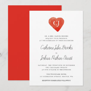 Watercolor Red Heart Wedding Invitation