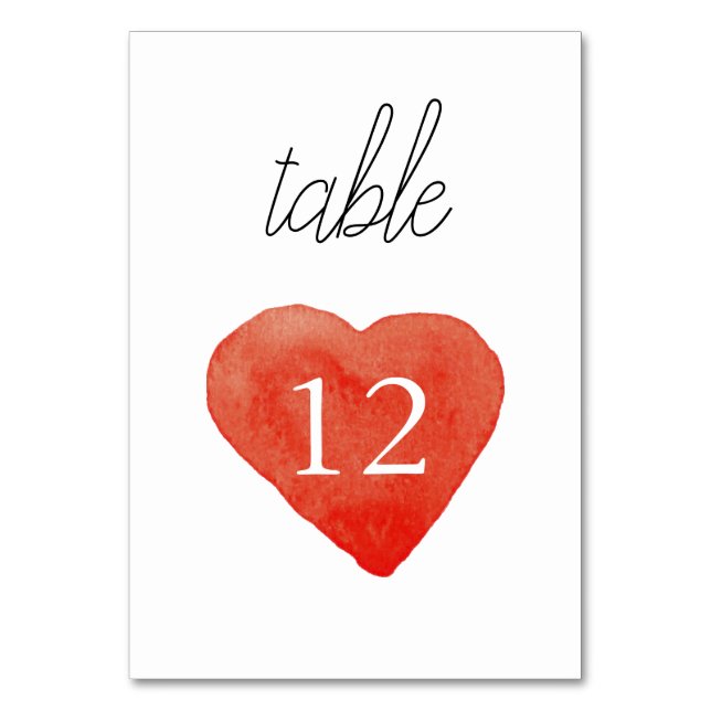 Watercolor Red Heart Wedding Table Number Card (Front)
