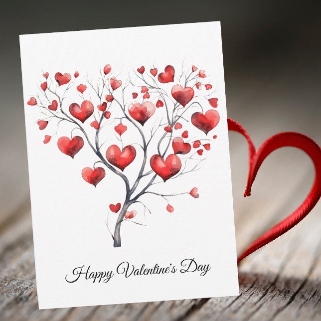 Watercolor Red Hearts Tree Happy Valentine's Day Holiday Card (Creator Uploaded)