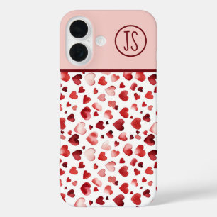 Watercolor Red Hearts Valentine's Day Monogrammed iPhone 16 Case