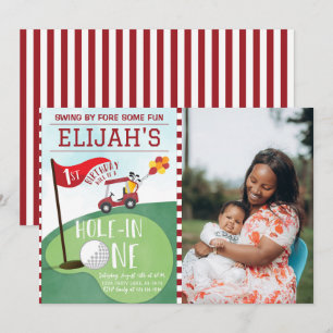 Watercolor Red Hole In One Golf 1st Birthday Photo Invitation