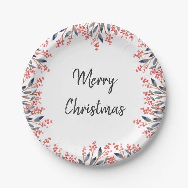 Watercolor Red Holiday Party Winter Berries Leaves Paper Plate (Front)