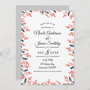 Watercolor Red Holiday Winter Berries Wedding Invitation