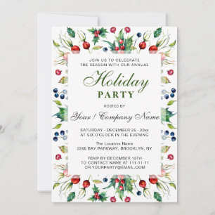 Watercolor Red Holly Berry Holiday Party Invitation