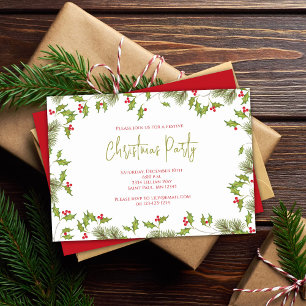 Watercolor Red Holly Christmas Party Custom Invitation