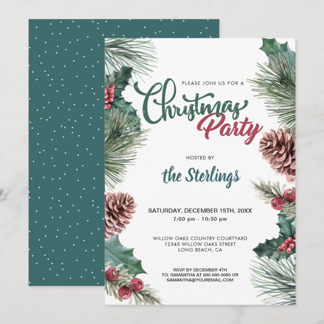 Watercolor Red Holly Pine Border Christmas Party Invitation (Front/Back)
