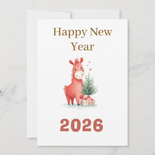 Watercolor Red Horse with Gifts & Christmas Tree Card
