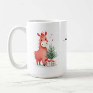 Watercolor Red Horse with Gifts & Christmas Tree Coffee Mug