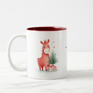 Watercolor Red Horse with Gifts & Christmas Tree Two-Tone Coffee Mug