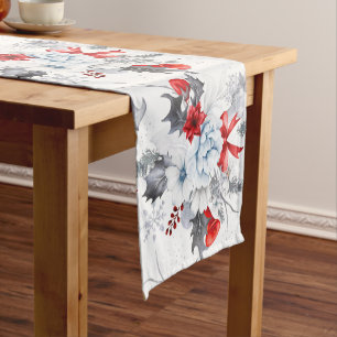 Watercolor Red Ice Blue Christmas Pattern Short Table Runner