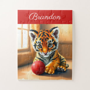 Watercolor Red Kids Name Tiger Cub Jigsaw Puzzle