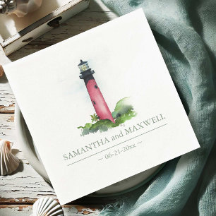 Watercolor Red Lighthouse Beach Wedding Napkin