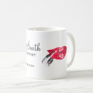 Watercolor red lips and lipstick makeup branding   coffee mug