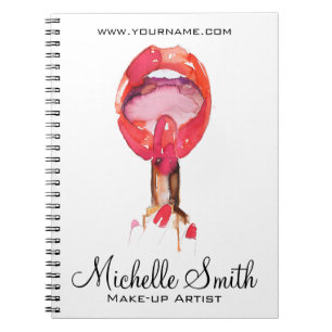 Watercolor red lips and lipstick makeup branding notebook