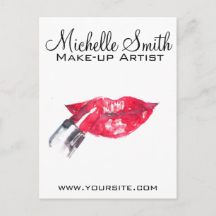 Watercolor red lips and lipstick makeup branding postcard