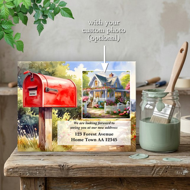 Watercolor Red Mailbox New Home Moving Postcard (Rustic watercolor country red mailbox relocation or new home announcement postcard)