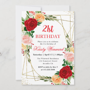 Watercolor Red Orange Roses Frame 21st Birthday Invitation