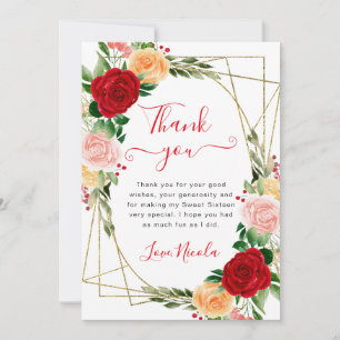 Watercolor Red Orange Roses Frame Sweet 16 Thank You Card