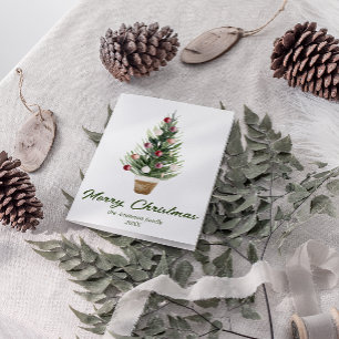 Watercolor Red Ornaments Tree Merry Christmas Holiday Card