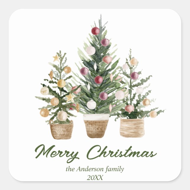Watercolor Red Ornaments Tree Merry Christmas Square Sticker (Front)