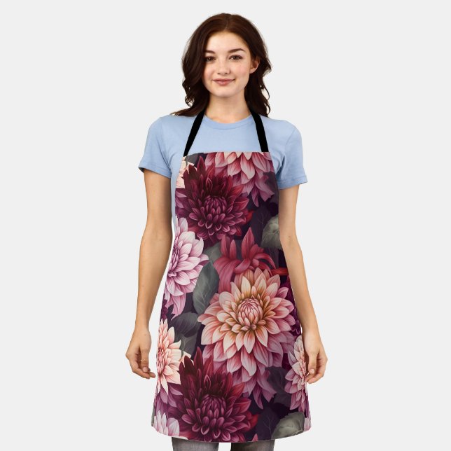Watercolor Red Pink Dahlia Pattern Design Apron (Worn)