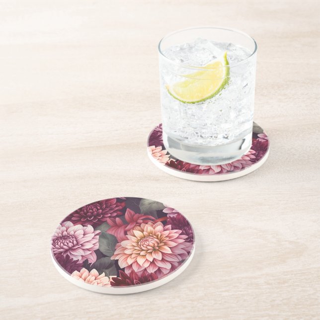 Watercolor Red Pink Dahlia Pattern Design Coaster (Side)