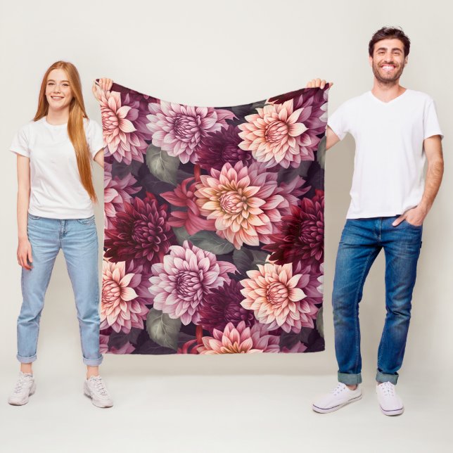 Watercolor Red Pink Dahlia Pattern Design Fleece Blanket (In Situ)
