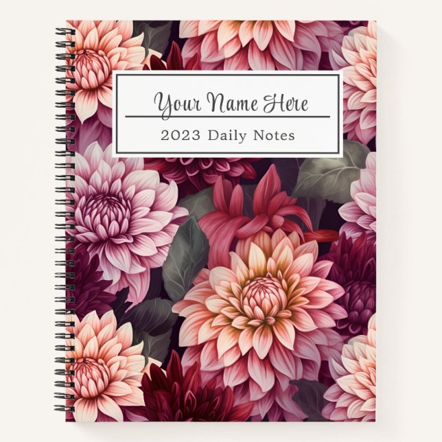 Watercolor Red Pink Dahlia Pattern Design Notebook (Front)