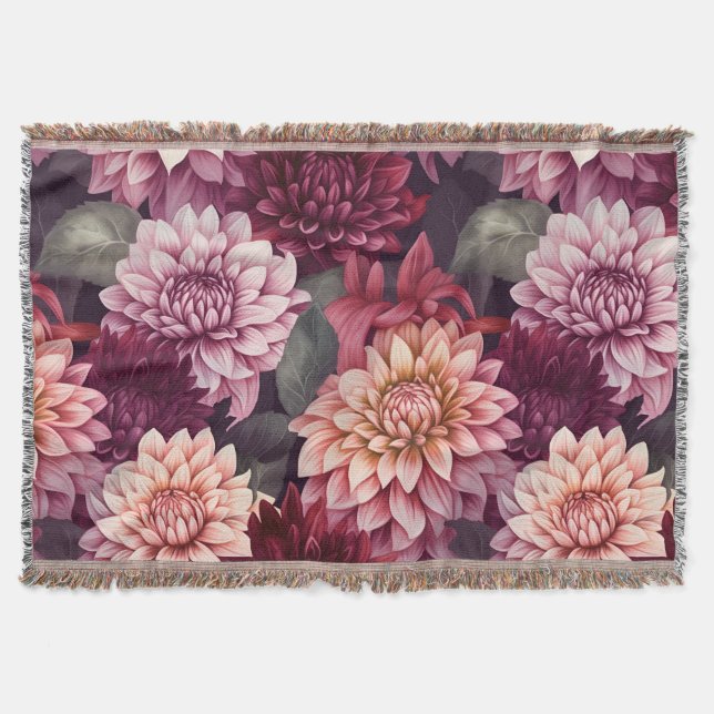 Watercolor Red Pink Dahlia Pattern Design Throw Blanket (Front)