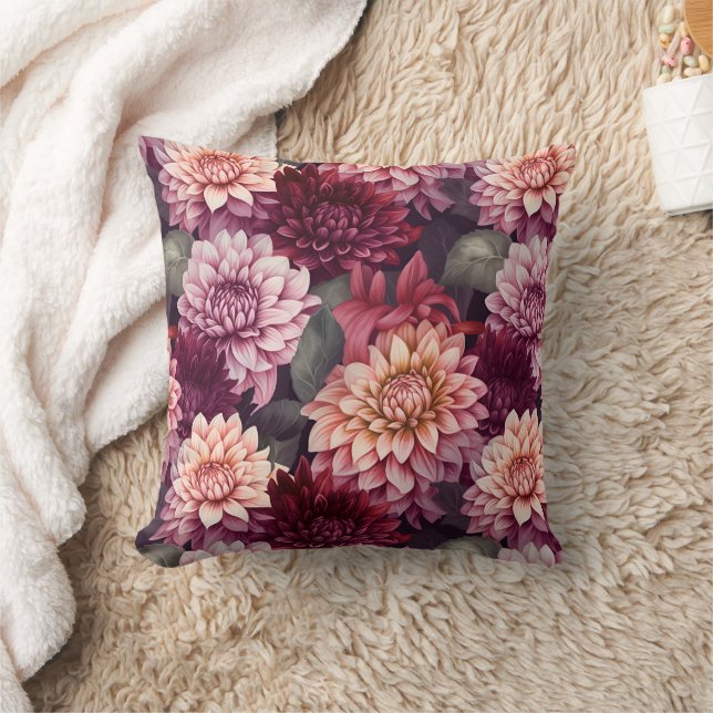 Watercolor Red Pink Dahlia Pattern Design Throw Pillow (Blanket)