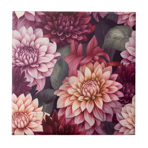 Watercolor Red Pink Dahlia Pattern Design Tile