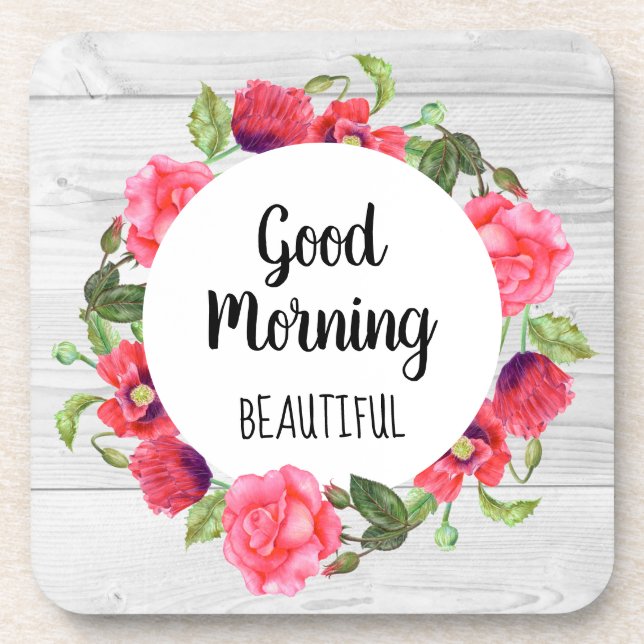 Watercolor Red & Pink Flowers Circle Wreath Design Coaster (Front)