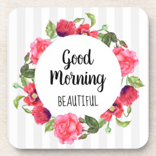 Watercolor Red & Pink Flowers Circle Wreath Design Coaster