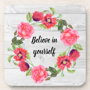 Watercolor Red & Pink Flowers Circle Wreath Design Coaster