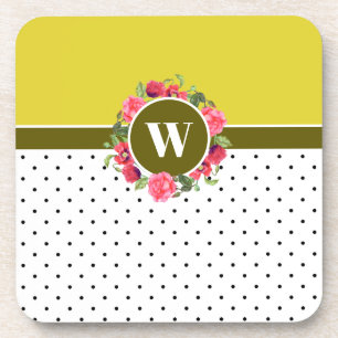 Watercolor Red & Pink Flowers Wreath Polka Dots Coaster