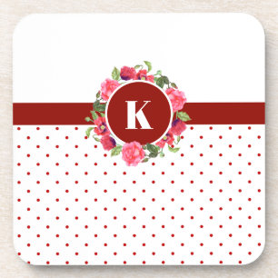 Watercolor Red & Pink Flowers Wreath Polka Dots Coaster