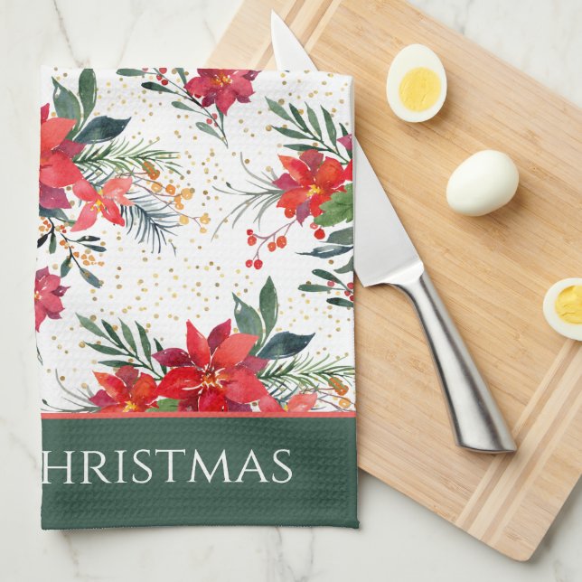 Watercolor Red Poinsettia Bouquet Christmas Kitchen Towel (Quarter Fold)
