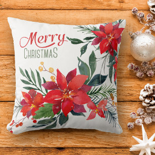 Watercolor Red Poinsettia Bouquet Christmas Throw Pillow