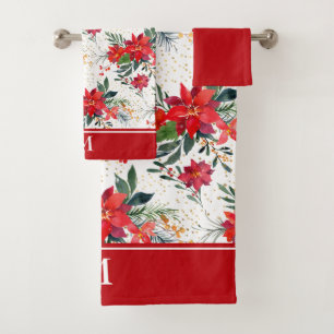 Watercolor Red Poinsettia Bouquet Monogram Bath Towel Set