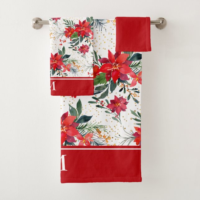 Watercolor Red Poinsettia Bouquet Monogram Bath Towel Set (Insitu)