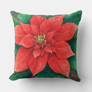 Watercolor Red Poinsettia Christmas Throw Pillow