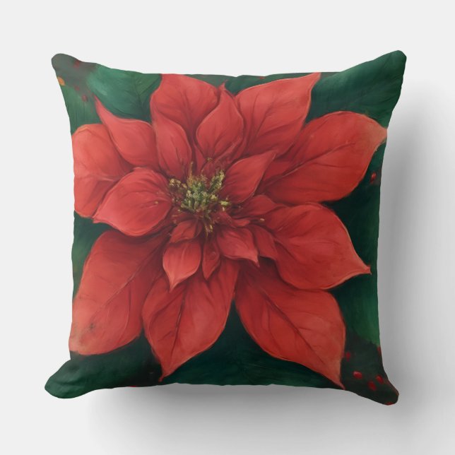 Watercolor Red Poinsettia Christmas Throw Pillow (Front)