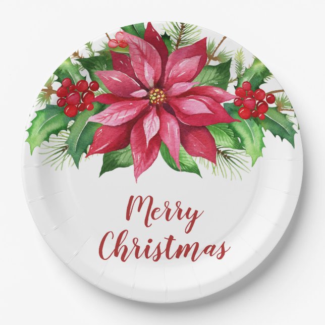Watercolor Red Poinsettia Floral Christmas Paper Plate (Front)