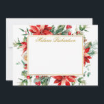 Watercolor Red Poinsettia Floral Greenery Gold Card<br><div class="desc">Elegant Watercolor Poinsettia Floral Greenery Gold Frame Personalized Note Card includes red poinsettias,  eucalyptus leaves,  pine cones,  pine needles,  cotton,  holly berries and other beautiful winter botanical greenery.  Gold Script.</div>