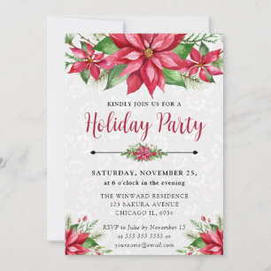 Watercolor Red Poinsettia Floral Holiday Christmas Invitation