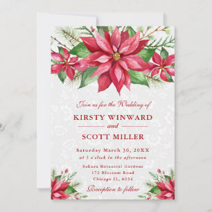 Watercolor Red Poinsettia Floral Holiday Wedding Invitation