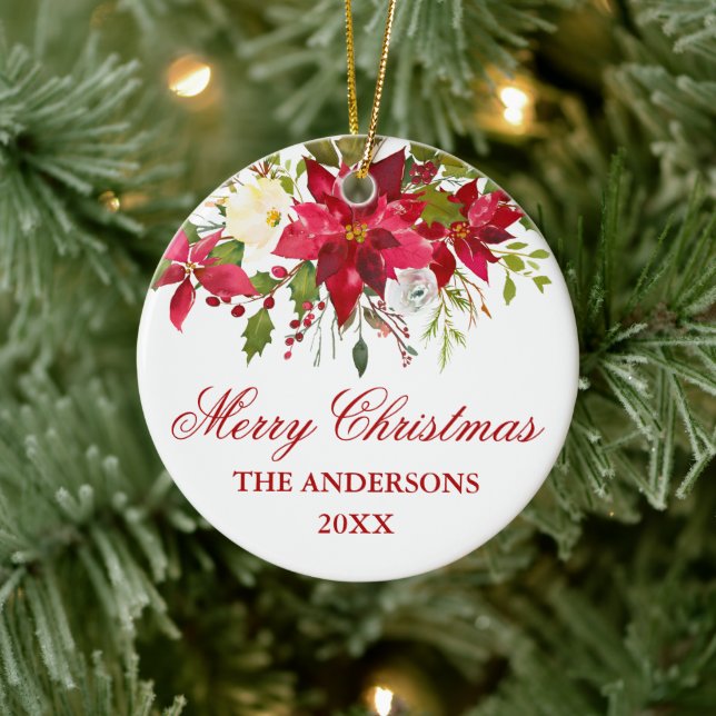 Watercolor Red Poinsettia Floral Personalized Ceramic Ornament (Tree)