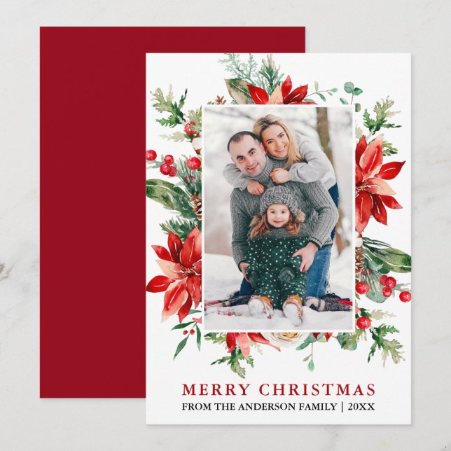 Watercolor Red Poinsettia Floral Photo Christmas Holiday Card (Front/Back)