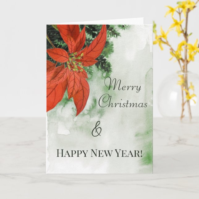 Watercolor Red Poinsettia Merry Christmas  Card (Yellow Flower)