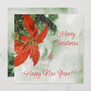Watercolor Red Poinsettia Merry Christmas Holiday Card